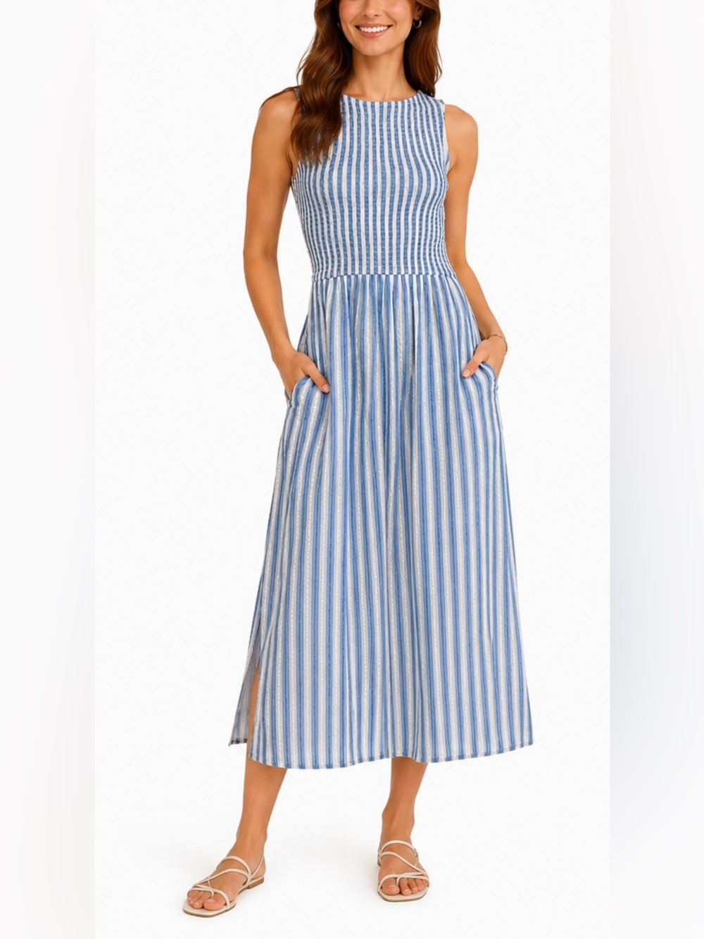 Caroline Constas 💙 Blue and White Striped Smocked Nap! Dress